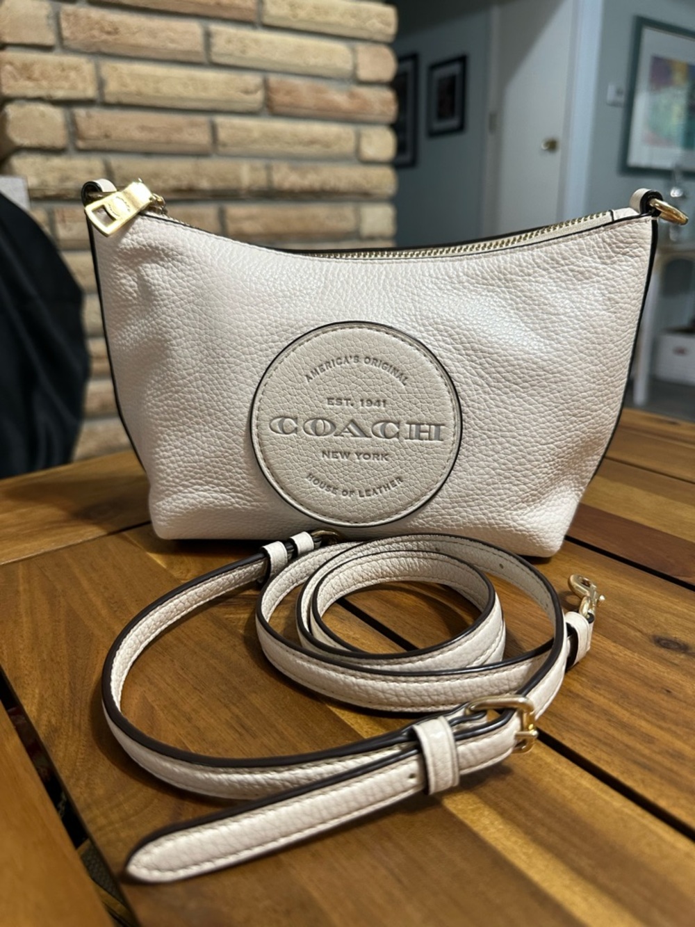 COACH Dempsey Cream Pebbled Leather Crossbody with Gold Hardware